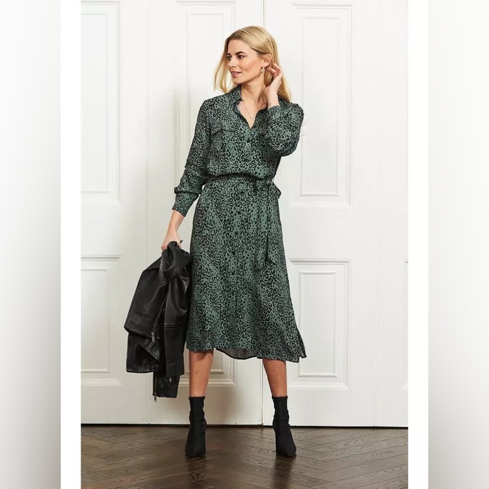 Elan Green & Black Leopard Print Belted Button Front Maxi Dress Size M